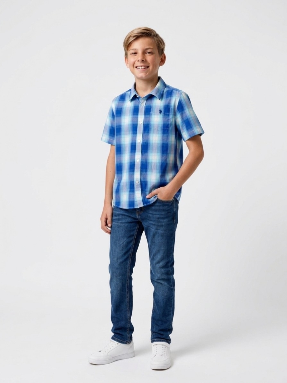 U.S. Polo Assn. Blue Plaid Button‑Up Shirt - Boys XXL (18) - EUC